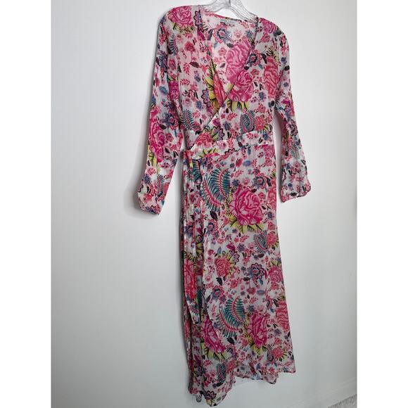 Debbie Katz inez Zara fpink loral midi wrap sheer summer resort dress XS - Picture 13 of 14